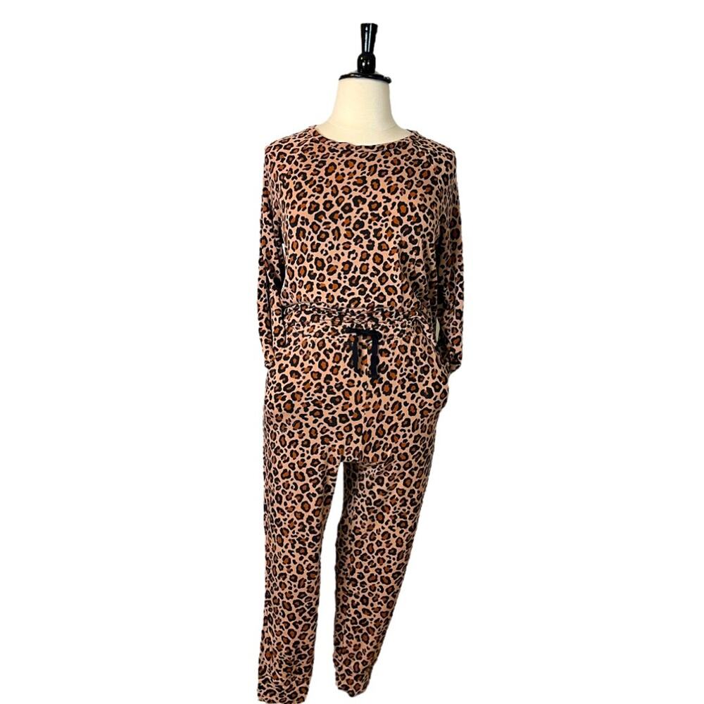 iRelax Pajama Set Jersey Knit Jogger Pant & Long Sleeve Top Leopard Women’s L/XL
